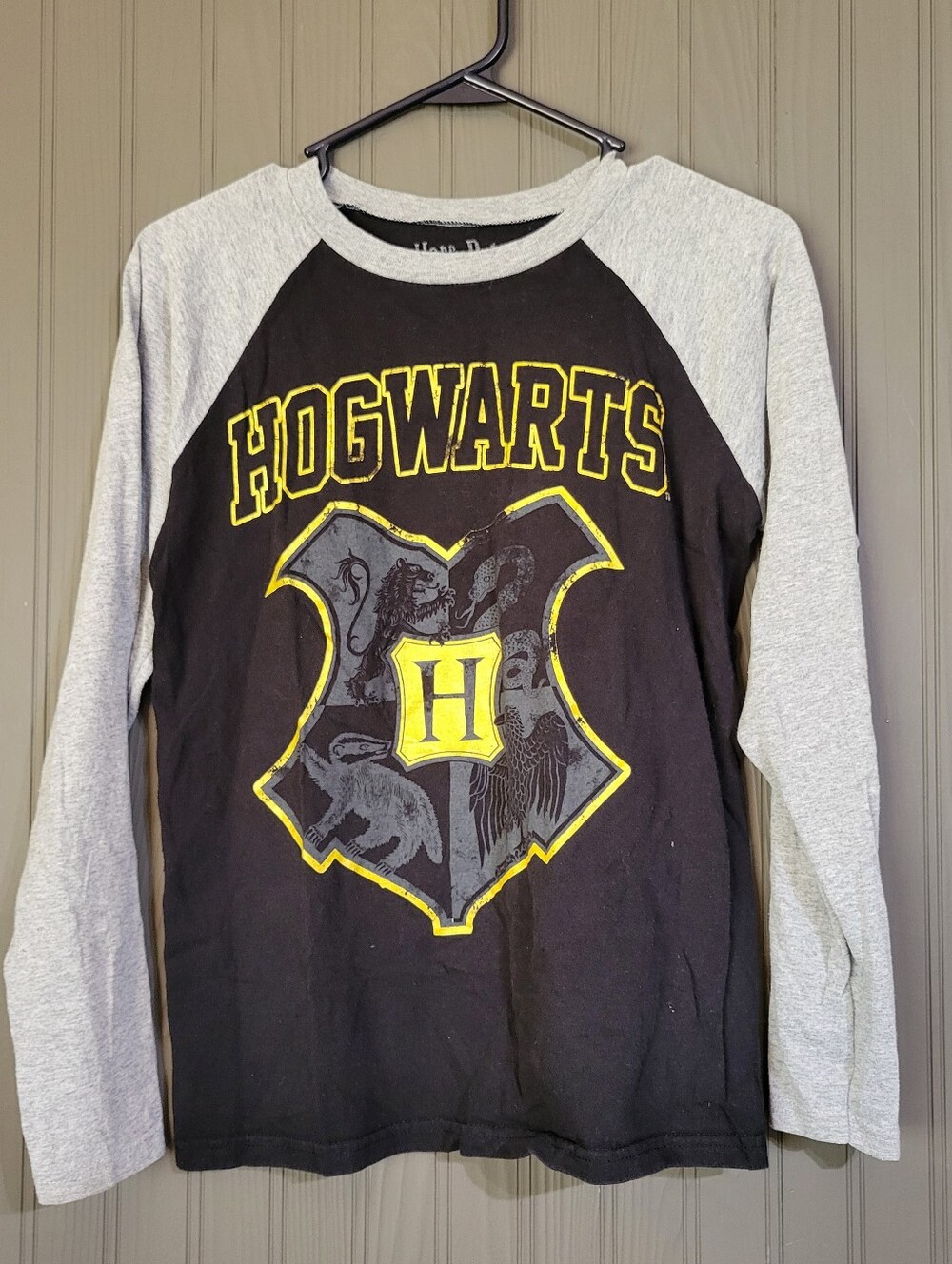 Harry Potter Hogwarts Crest Long Sleeve Raglan Graphic T-Shirt Black Youth Large